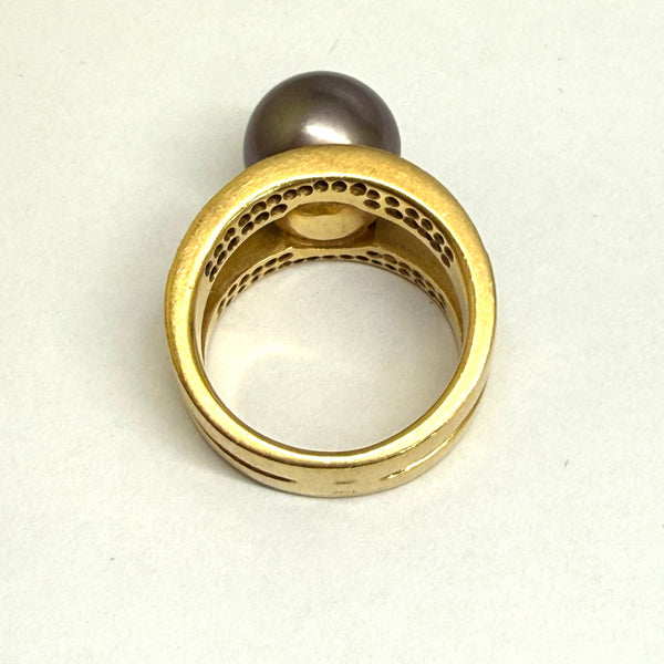 Bague en Or Jaune 18K avec Diamants et Perle de Tahiti - T53 - 12.70gr