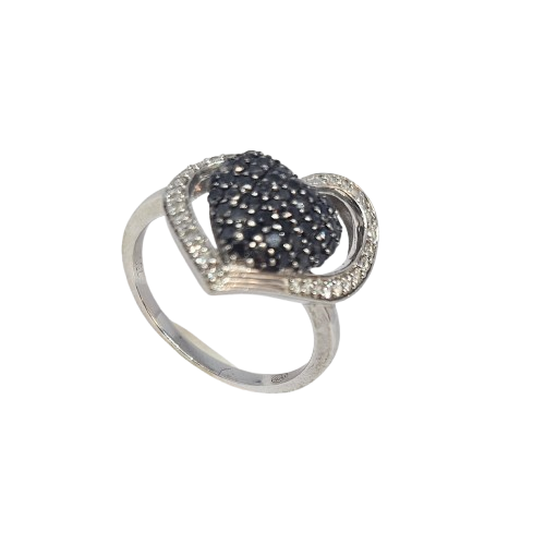 Bague Coeur en Or Blanc 18k avec Diamants Noirs et Blancs