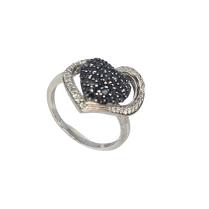Bague Coeur en Or Blanc 18k avec Diamants Noirs et Blancs