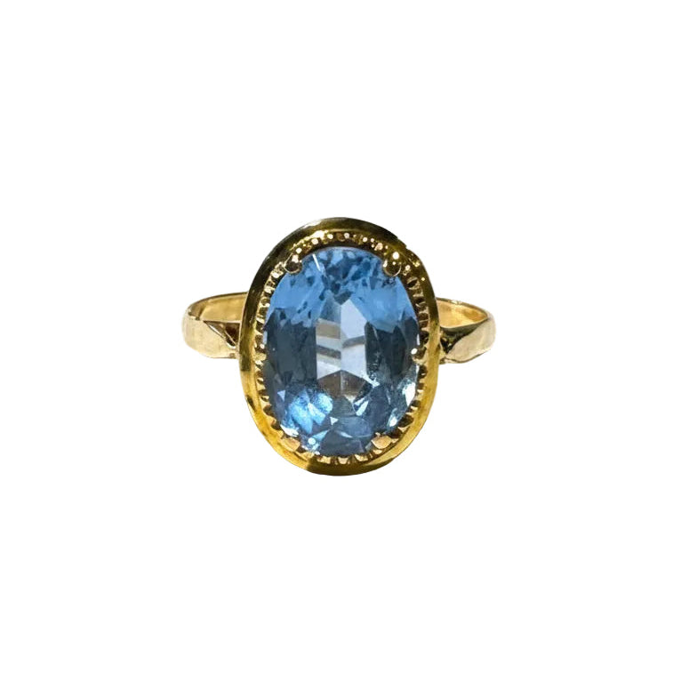 Bague ancienne en or jaune 18K avec spinelle bleu ovale - T58