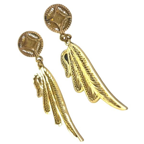 Boucles d'oreilles pendantes ailes d'ange en or jaune 18 K