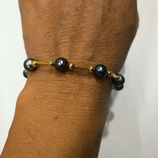 Bracelet Artisanal Tube Or et Perle Tahiti en Or Jaune 18k