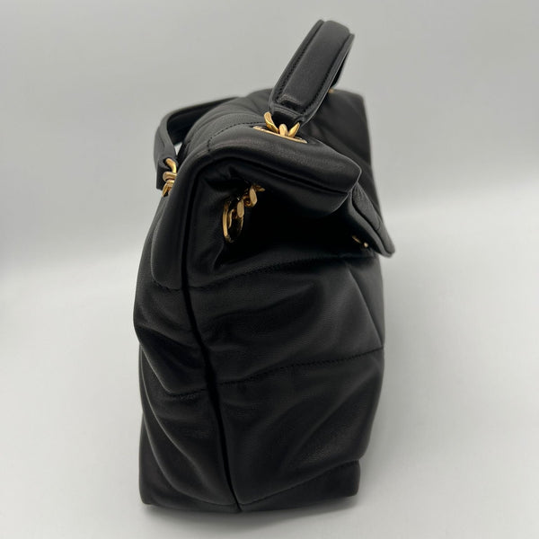 Saint Laurent Sac Puffer en Cuir Noir avec Bijouterie Dorée