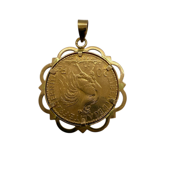 Pendentif Or Jaune 20 Francs Coq Marianne 1908 - 8.51 Grs