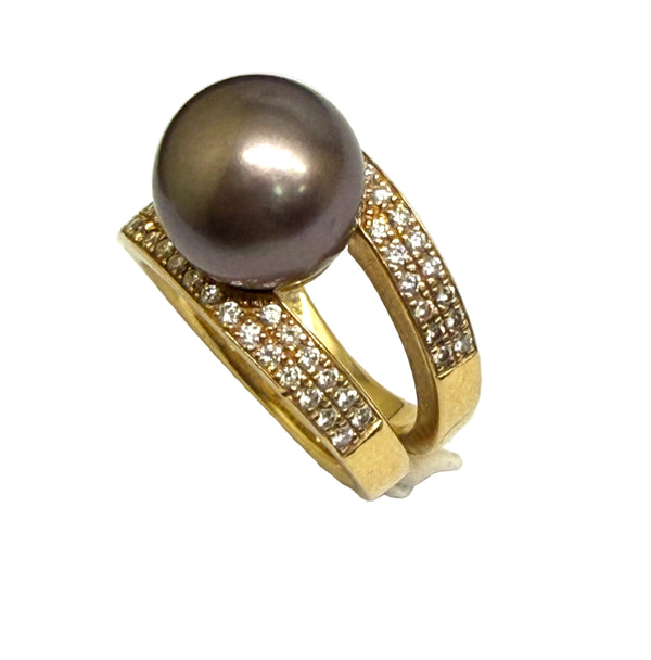 Bague en Or Jaune 18K avec Diamants et Perle de Tahiti - T53 - 12.70gr
