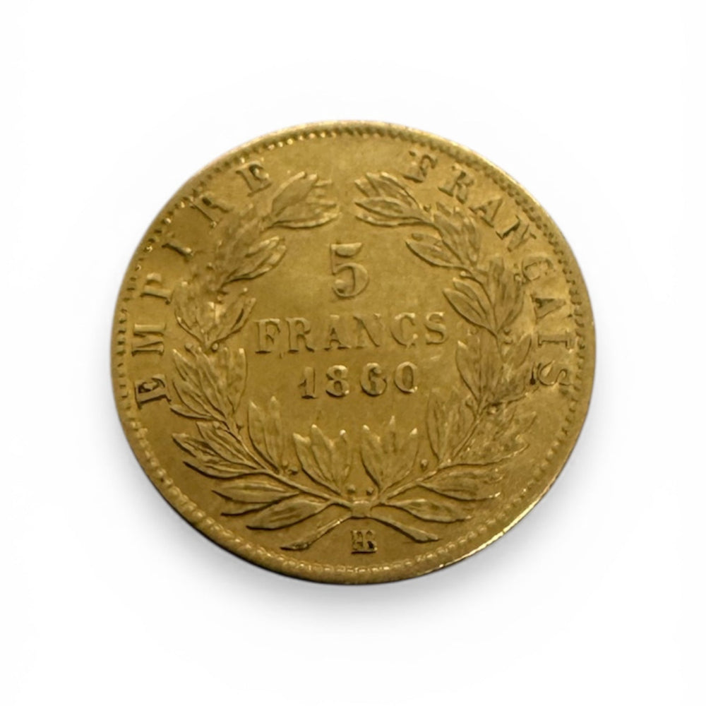 5 Francs en Or jaune 20K Napoléon III tête nue 1860 - 1.60G