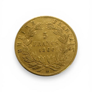 5 Francs en Or jaune 20K Napoléon III tête nue 1860 - 1.60G