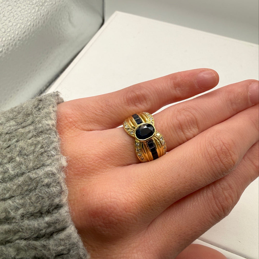 Bague en Or Jaune 18 Carats avec Diamants et Saphir 8.14 Taille 56