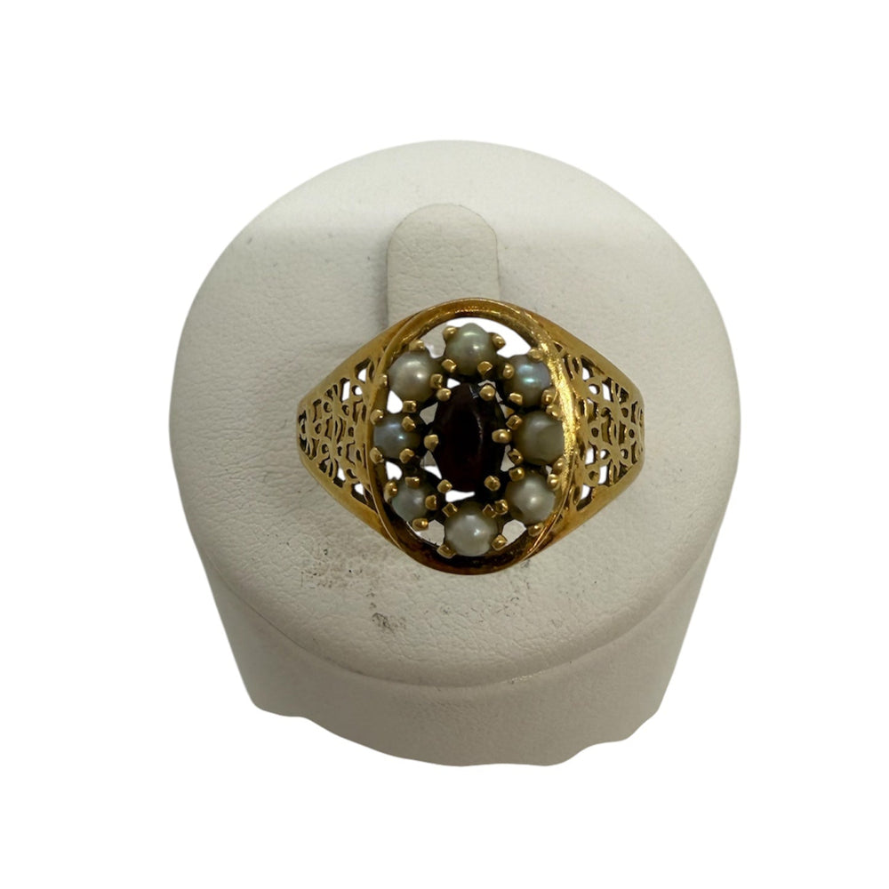Bague en Or Jaune Grenat Perles 18K 3.43 Grs