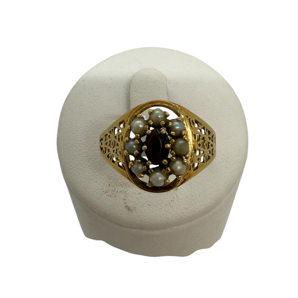 Bague en Or Jaune Grenat Perles 18K 3.43 Grs