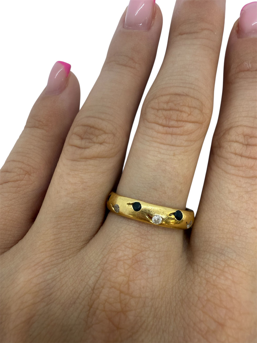Bague Alliance Or Jaune 18 K avec Saphirs et Oxydes - T 55