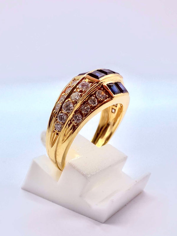 Bague Or Jaune 18K 26 Diamants + 7 Pierres Bleues