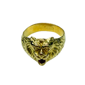 Bague Tête de Lion Or Jaune 18k avec Rubis
