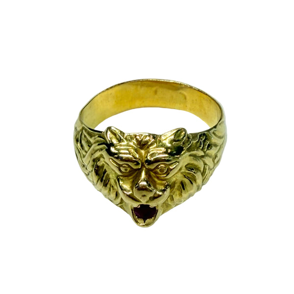 Bague Tête de Lion Or Jaune 18k avec Rubis