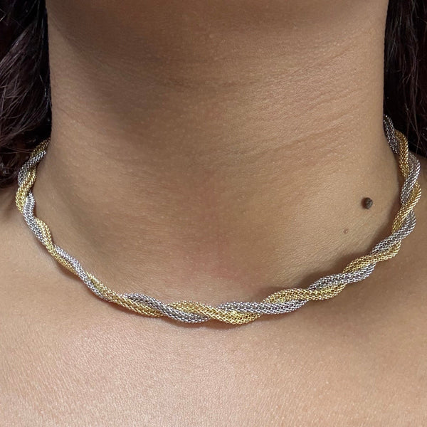 Collier Ras du Cou Tressé  en Or Jaune et Gris 18K - 42.5cm - 17.07g