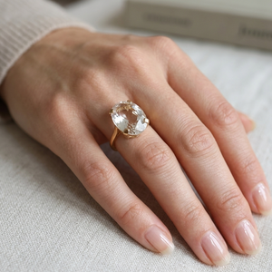 Bague Solitaire Or Jaune 18K avec Cristal de Roche - T57 - 6.14gr