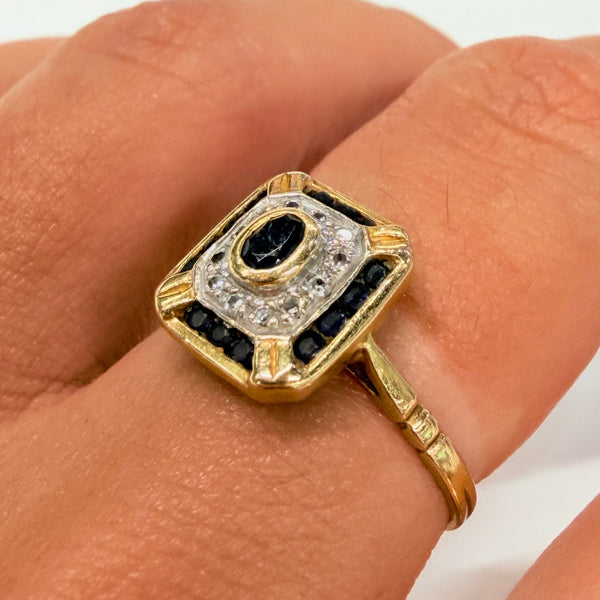 Bague avec Saphir et Diamants en Or Jaune et blanc 18K - Taille 55