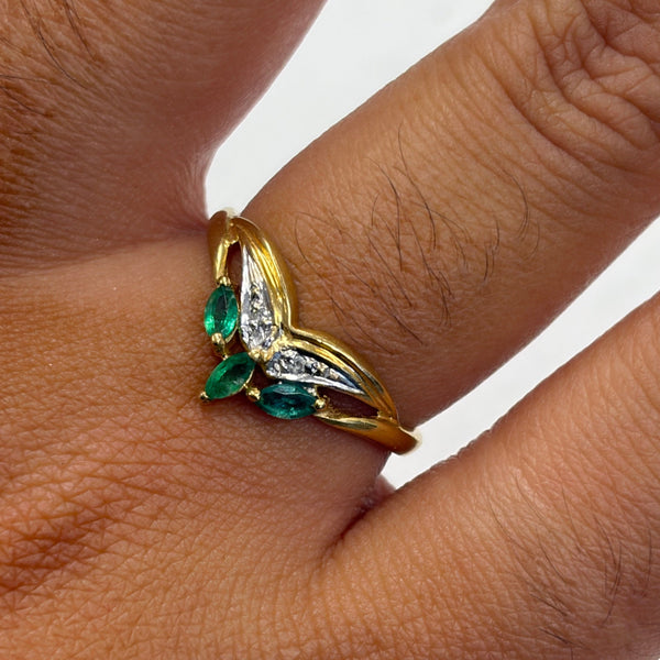 Bague en Or Jaune 18k avec Émeraudes et Diamants - Taille 53