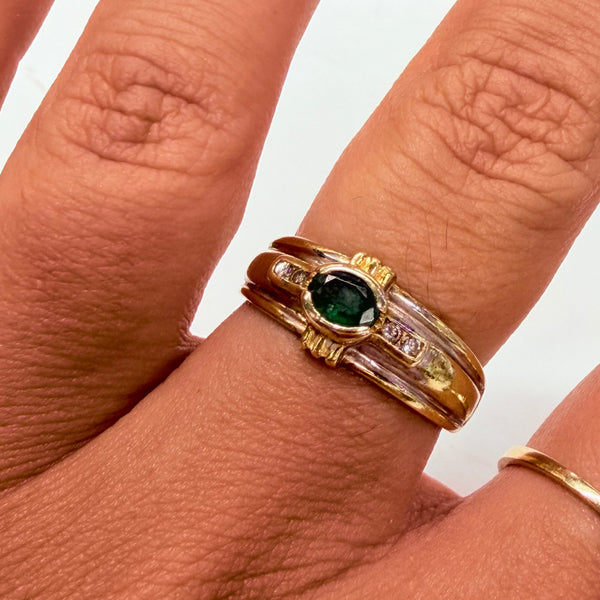 Bague en Or jaune et blanc 18K avec Émeraude Diamants - Taille 54