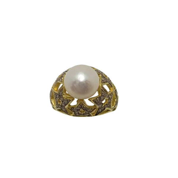 Bague Artisanale en Or Jaune & Or Gris avec Diamants & Perles 18k Taille : 59
