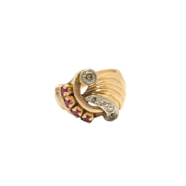 Bague avec Diamants & Rubis en Or Gris & Or Rose 14K Taille 56