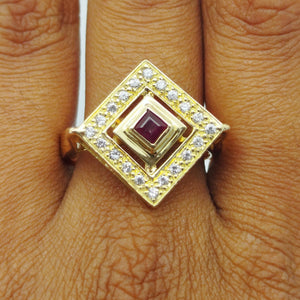 Bague Ancienne en Or Jaune 18K avec Rubis et Zirconium - Taille 60