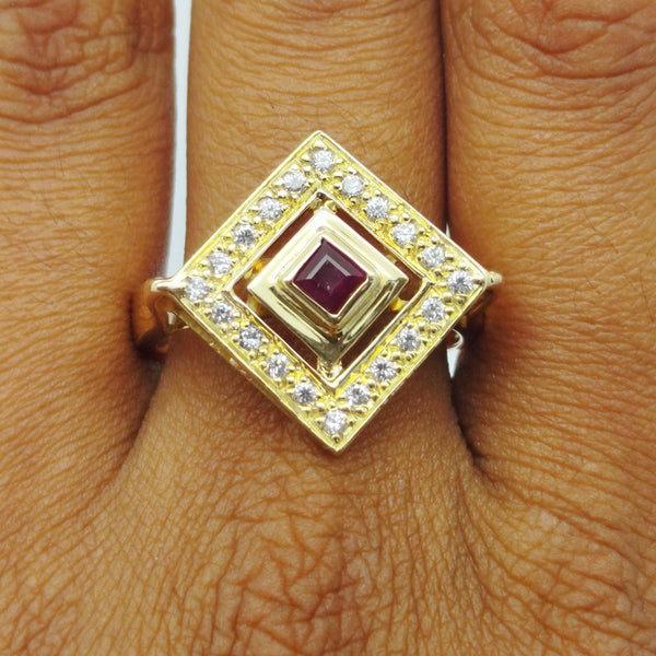 Bague Ancienne en Or Jaune 18K avec Rubis et Zirconium - Taille 60