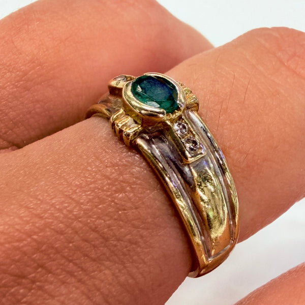 Bague en Or jaune et blanc 18K avec Émeraude Diamants - Taille 54