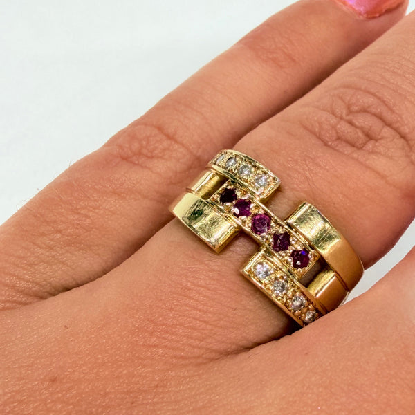 Bagues Tank en Or Jaune 18k avec Diamants et Rubis Taille 50