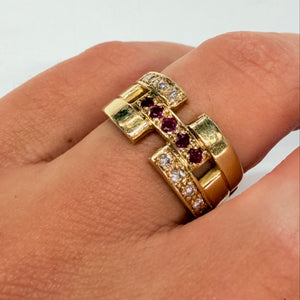 Bagues Tank en Or Jaune 18k avec Diamants et Rubis Taille 50