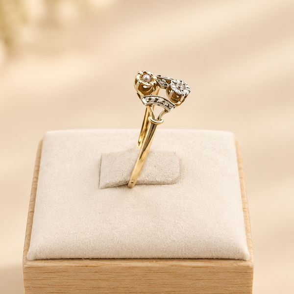 Bague Ancienne en Or Jaune et Blanc avec Perles et Moissanite - Taille 54