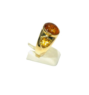 Bague avec Citrine et Ambre en Or Jaune 18 Carats - Taille 57