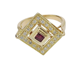 Bague Ancienne en Or Jaune 18K avec Rubis et Zirconium - Taille 60