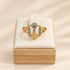 Bague Ancienne en Or Jaune et Blanc avec Perles et Moissanite - Taille 54