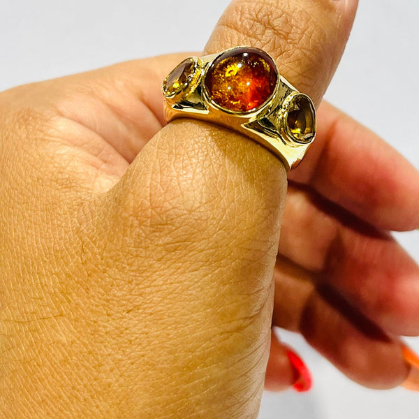 Bague avec Citrine et Ambre en Or Jaune 18 Carats - Taille 57