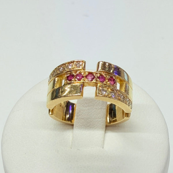 Bagues Tank en Or Jaune 18k avec Diamants et Rubis Taille 50
