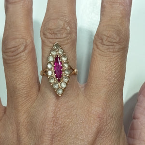 Bague Marquise en Or Jaune avec Rubis & Oxyde de Zirconium 18K Taille : 55