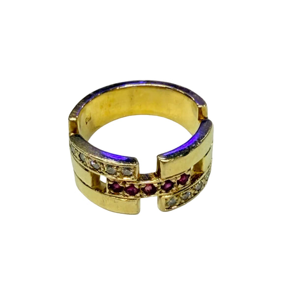 Bagues Tank en Or Jaune 18k avec Diamants et Rubis Taille 50