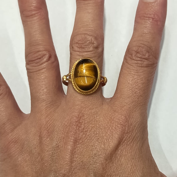 Bague Artisanale Or Jaune avec Œil du Tigre Bijou 18 K Taille 50