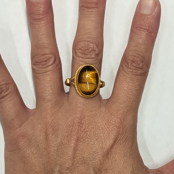 Bague Artisanale Or Jaune avec Œil du Tigre Bijou 18 K Taille 50