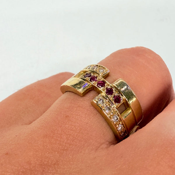 Bagues Tank en Or Jaune 18k avec Diamants et Rubis Taille 50