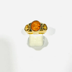 Bague avec Citrine et Ambre en Or Jaune 18 Carats - Taille 57
