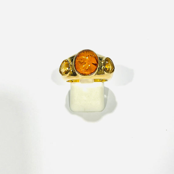 Bague avec Citrine et Ambre en Or Jaune 18 Carats - Taille 57