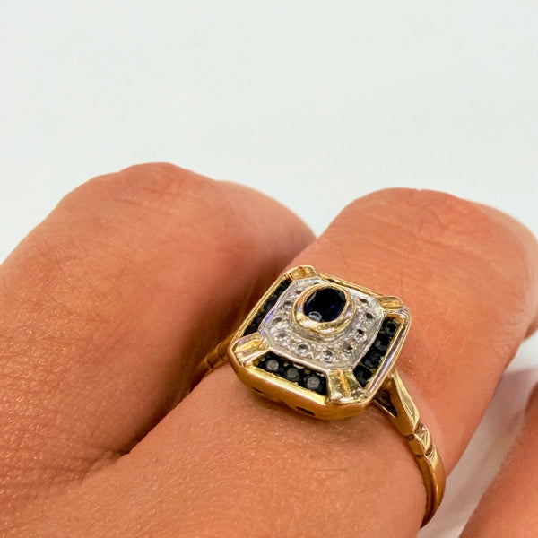 Bague avec Saphir et Diamants en Or Jaune et blanc 18K - Taille 55