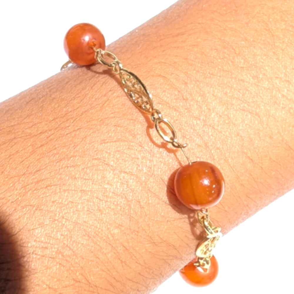 Bracelet Maillon Filigrane en Or Jaune 18K Ambre Baltique