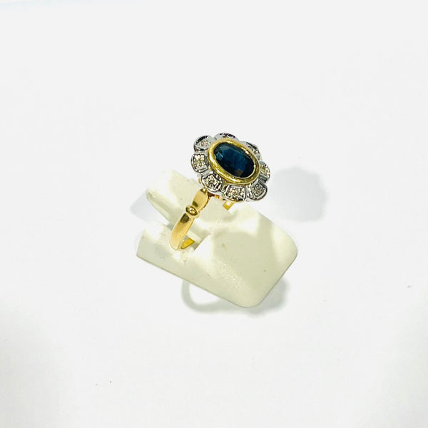 Bague Marguerite en Or Jaune & Blanc avec Diamants & Saphir 18K Taille : 58