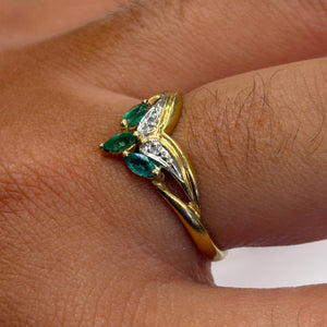 Bague en Or Jaune 18k avec Émeraudes et Diamants - Taille 53