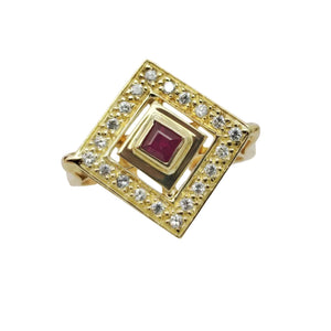 Bague Ancienne en Or Jaune 18K avec Rubis et Zirconium - Taille 60