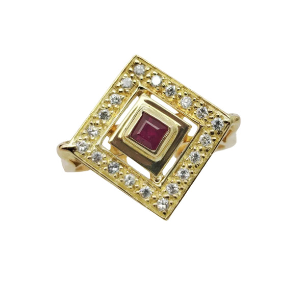 Bague Ancienne en Or Jaune 18K avec Rubis et Zirconium - Taille 60