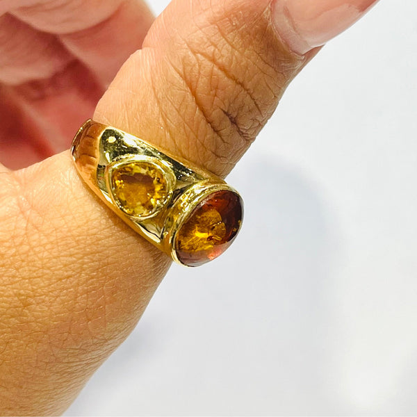 Bague avec Citrine et Ambre en Or Jaune 18 Carats - Taille 57